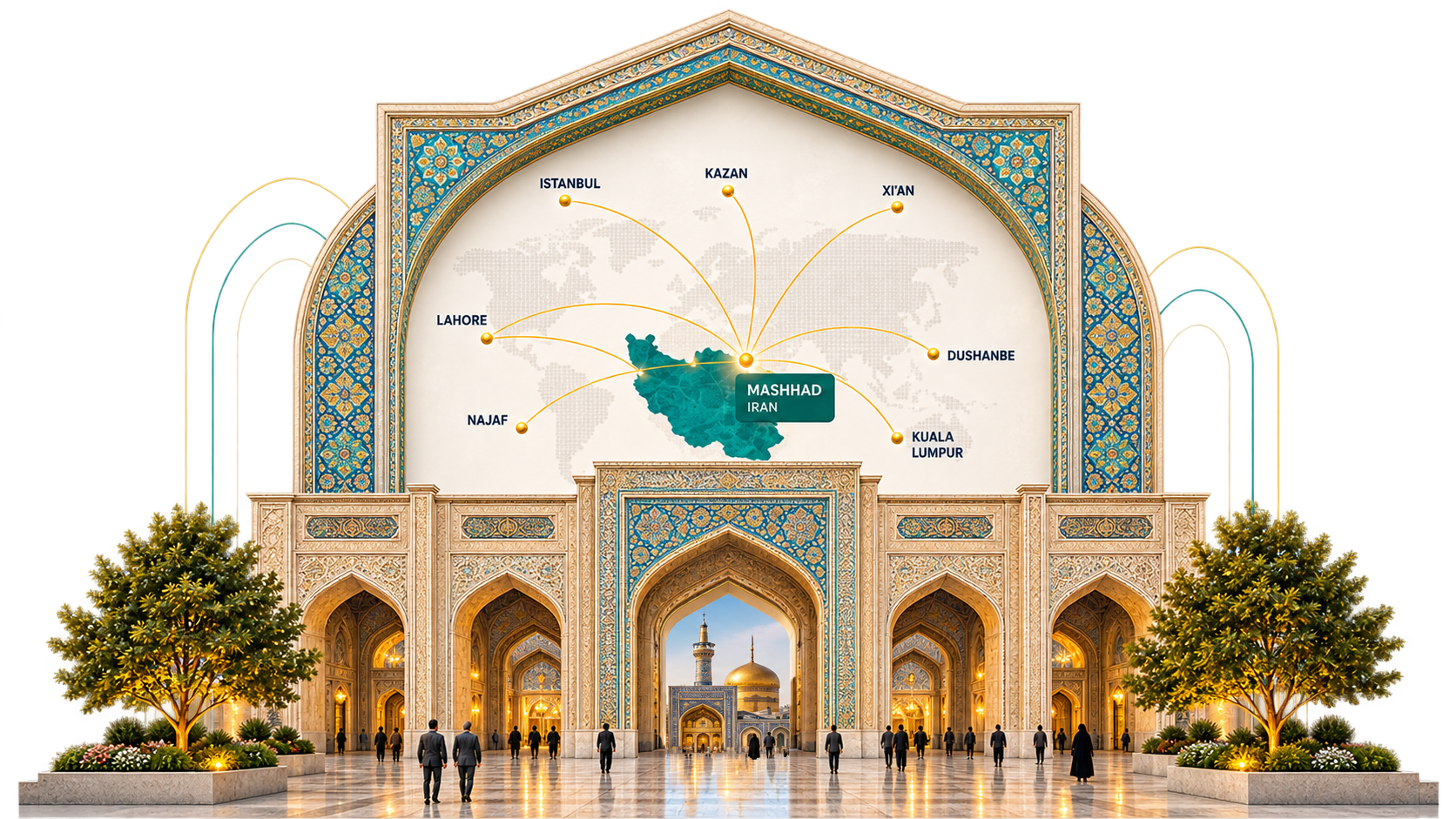 Mashhad City Diplomacy Center gateway, Imam Reza Shrine, and international diplomatic network