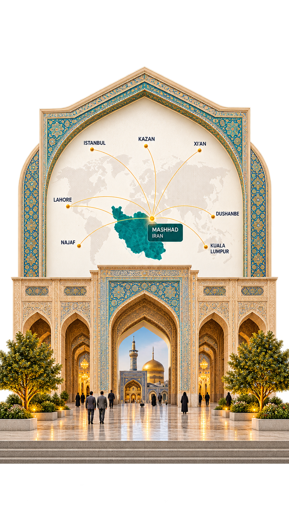 Mashhad City Diplomacy Center gateway, Imam Reza Shrine, and international diplomatic network